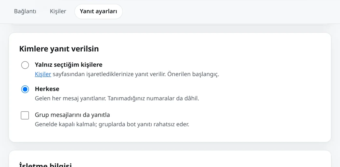 Chatbot yanıt ayarları: mesai saati, günlük sınır ve işletme bilgisi alanı