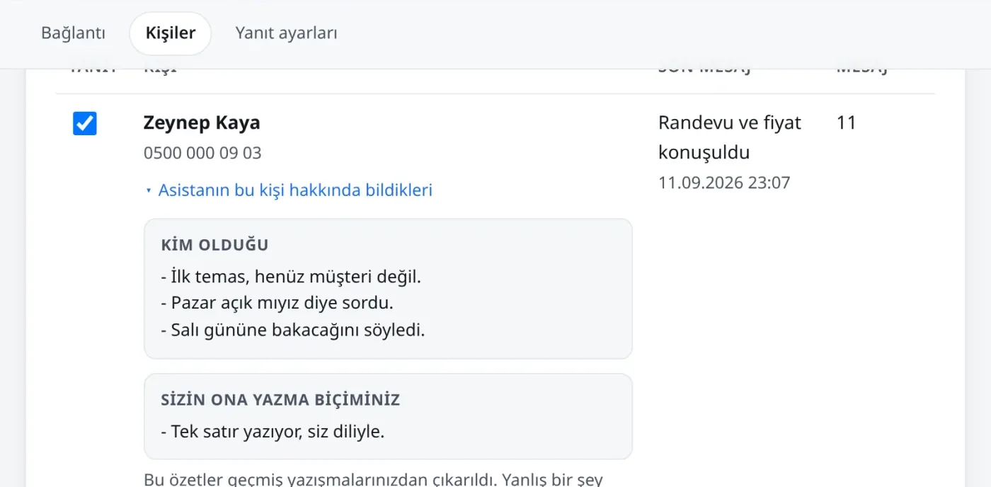 Asistanın yazışmalardan çıkardığı kişi profili ve müşteriye yazma üslubu özeti