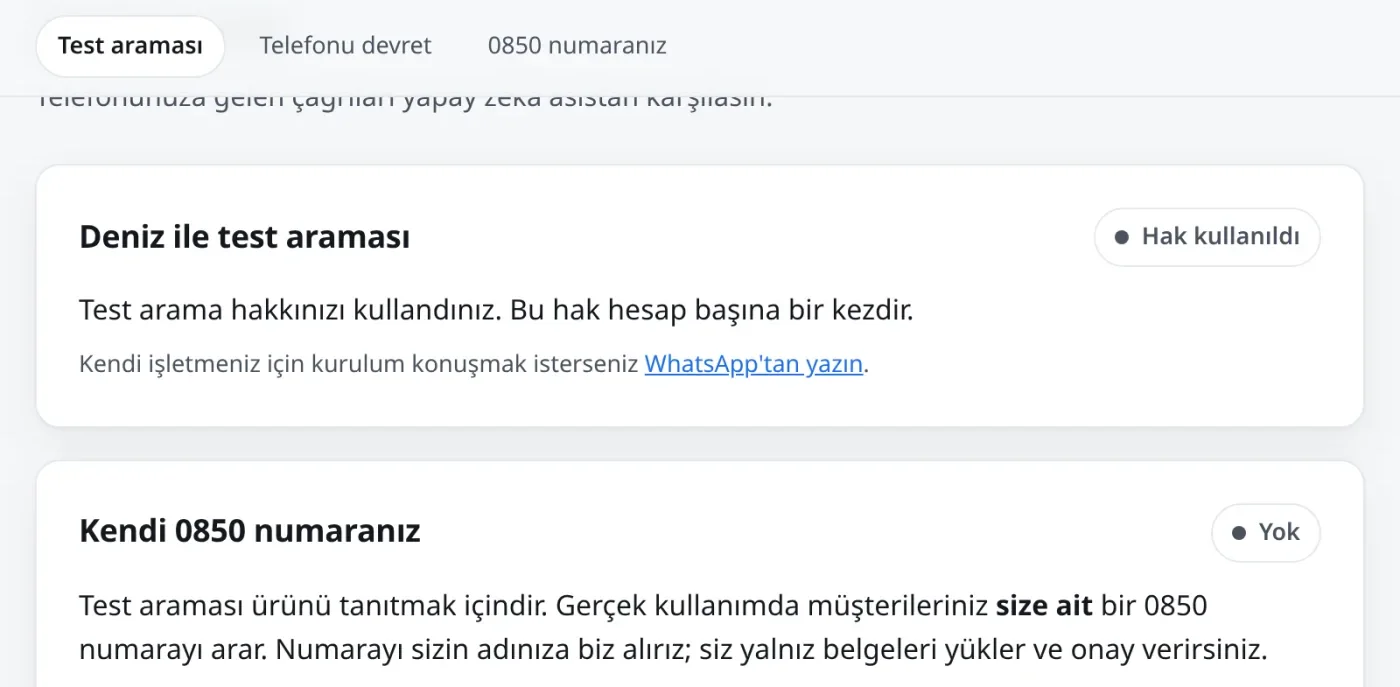 Sesli asistanın karşıladığı çağrıların panelde listelendiği telefon cevaplama ekranı
