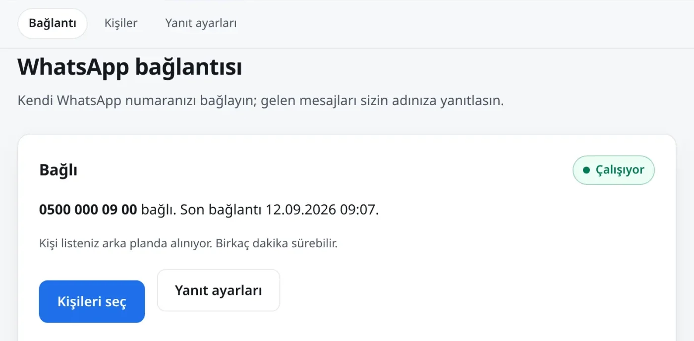 WhatsApp Business hattının panelde bağlı göründüğü işletme hesabı ekranı